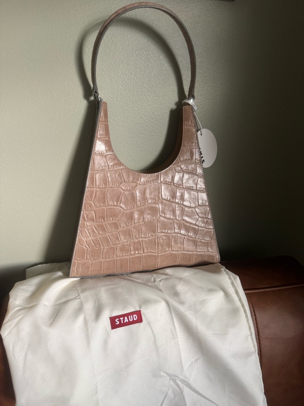 STAUD Croc-Embossed Taupe Leather Shoulder Bag